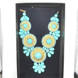 India Turquoise Ceramic and Gold Tone Ornate Bubble Bib Statement Necklace NIB